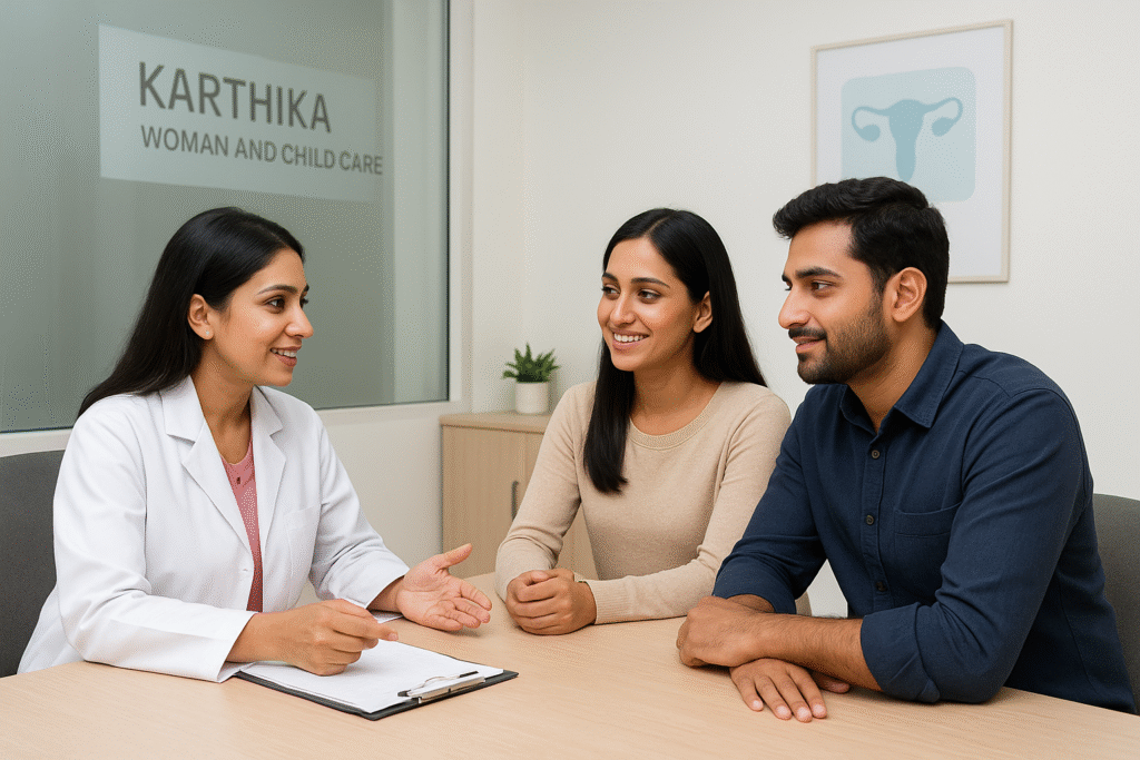 Image of a caring IVF consultant interacting with a couple in a modern clinic setting at Karthika Woman and Child Care, HRBR Layout, Bengaluru.