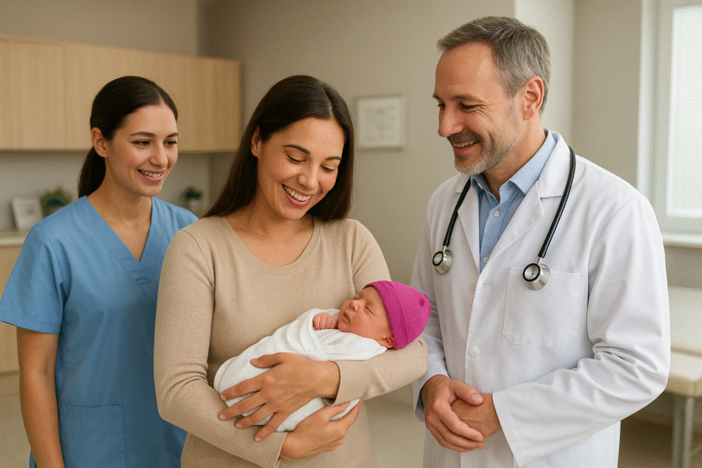 Mother holding newborn while pediatrician and nurse consult — Karthika Woman and Child Care, HRBR Layout Bengaluru.