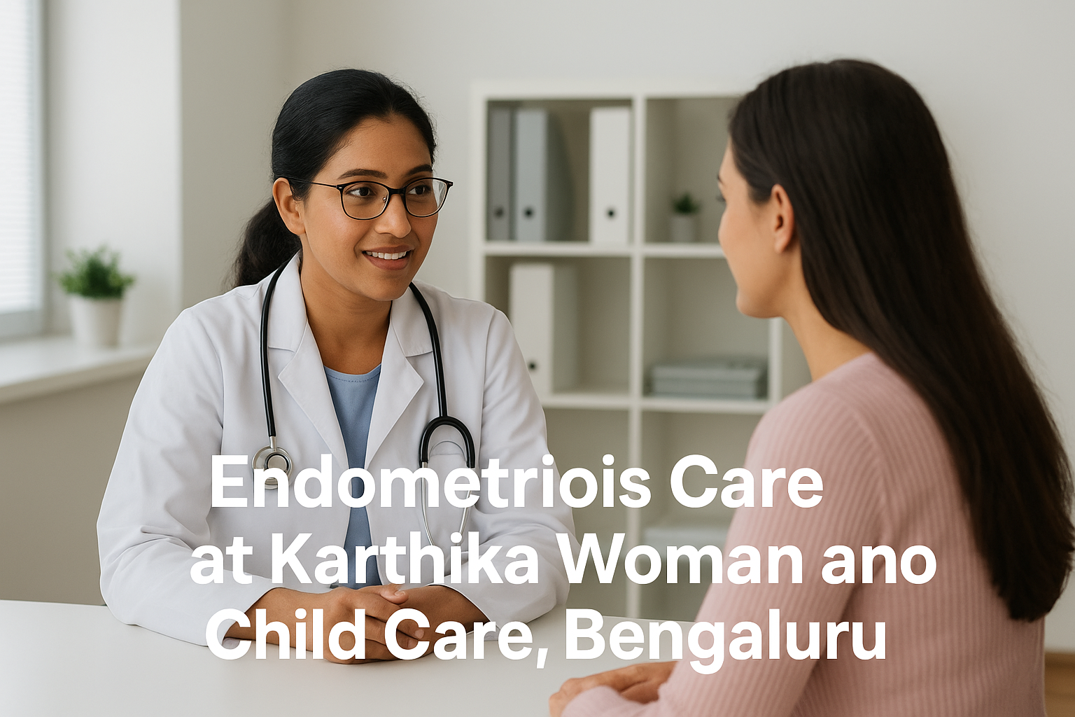 Gynecologist consulting a woman in a modern clinic — Endometriois care at Karthika Woman and Child Care, Bengaluru.