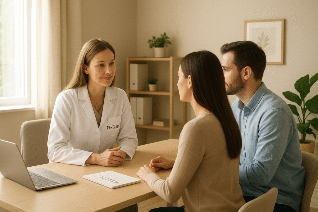 Warm modern consultation at women’s hospital with couple speaking to fertility specialist