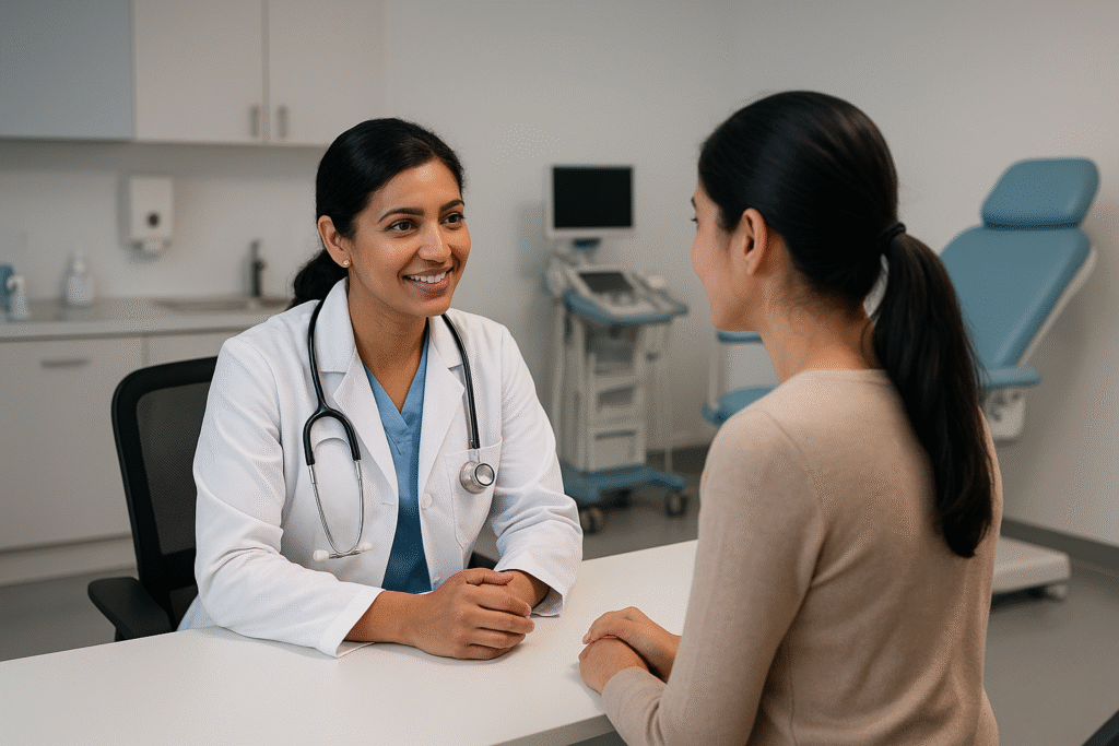 Female gynaecologist consulting a woman patient in a modern clinic at Karthika Woman and Child Care, HRBR Layout, Bengaluru.