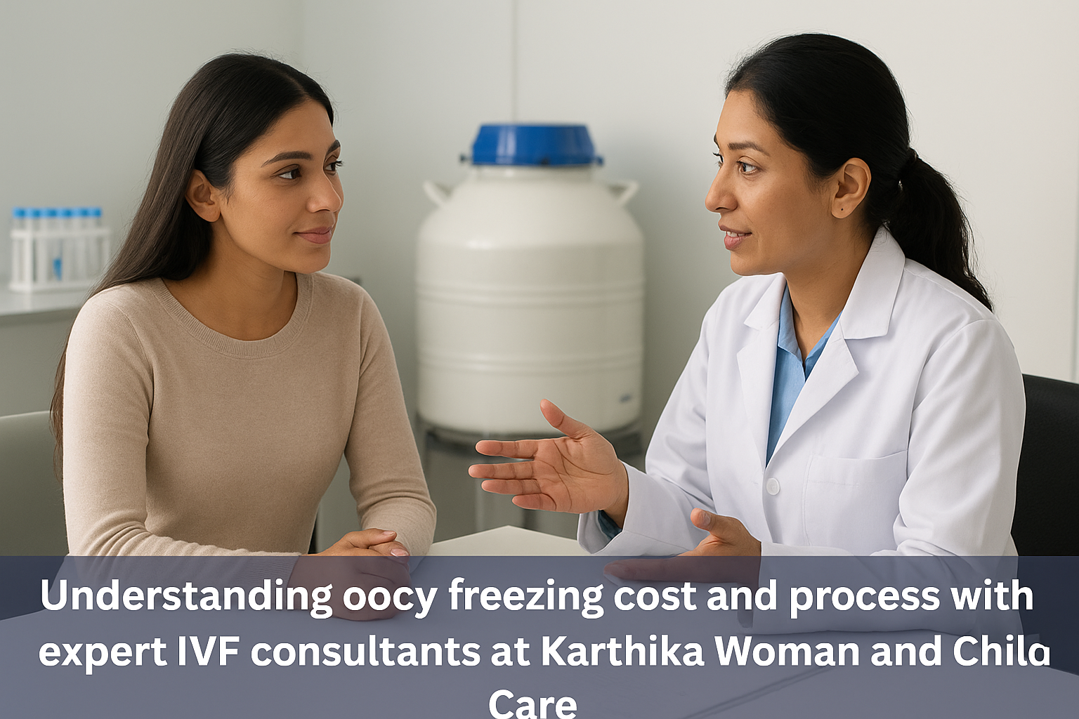 Woman consulting with an IVF consultant about oocyte freezing cost at Karthika Woman and Child Care clinic