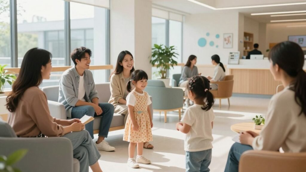 Parents and children in a welcoming hospital setting.