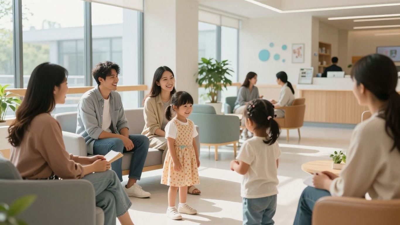 Parents and children in a welcoming hospital setting.