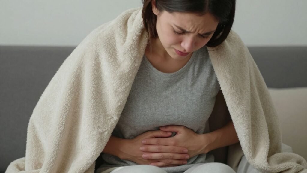 Woman experiencing menstrual discomfort, holding her abdomen.