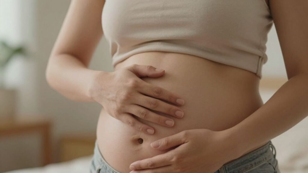 Woman experiencing menstrual discomfort with a thoughtful expression.