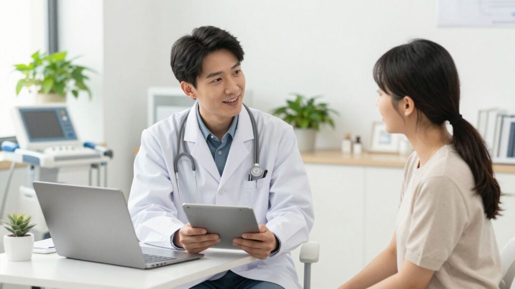 Doctor meeting couple in medical clinic exam room